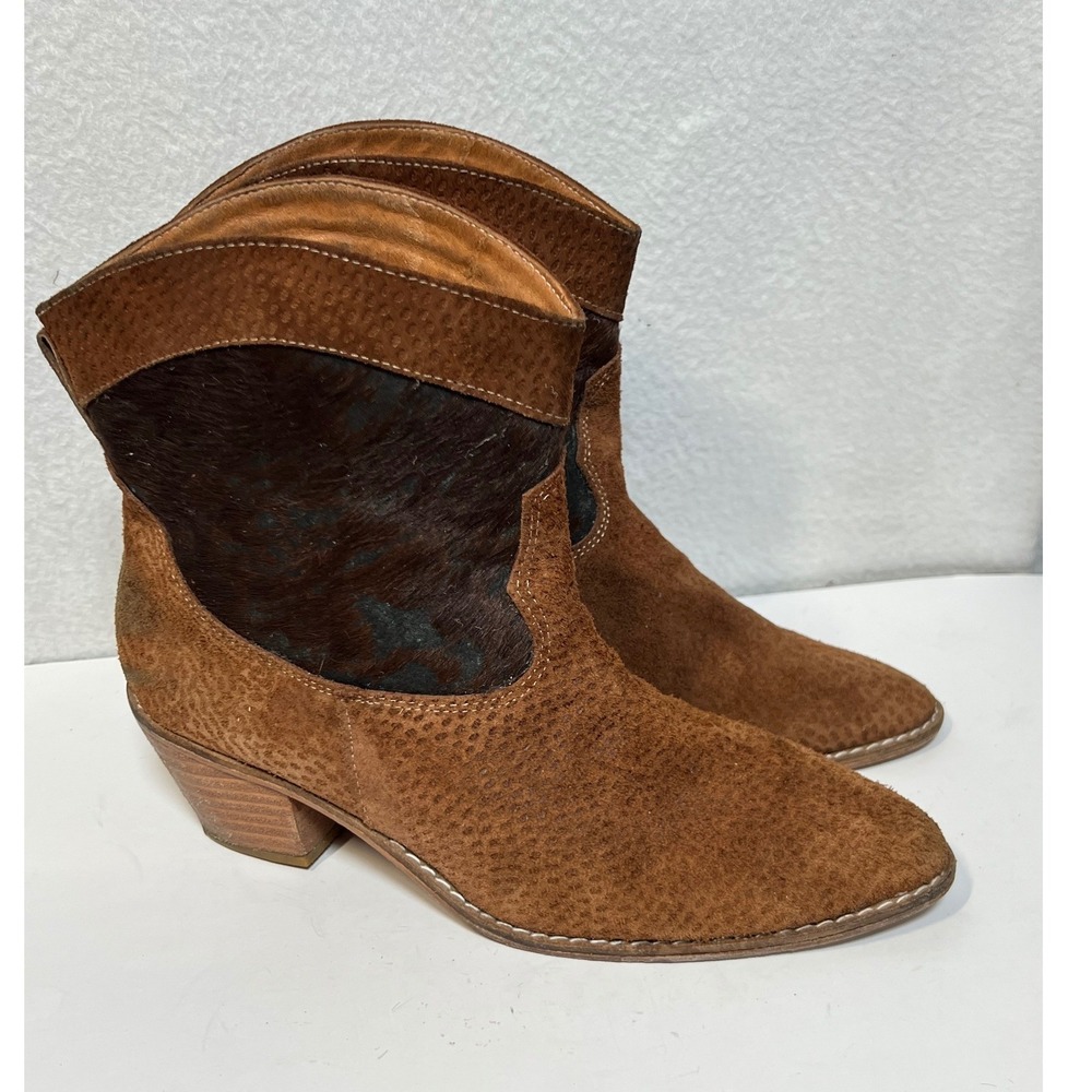 ART Company Brown Suede Haircalf‎ Ankle Boots Western Style Block Heel